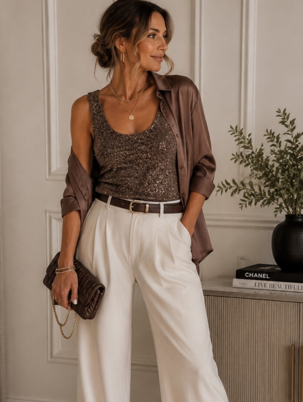 Anne Klein Sequance Sleeveless Tank Top - Chocolate Brown